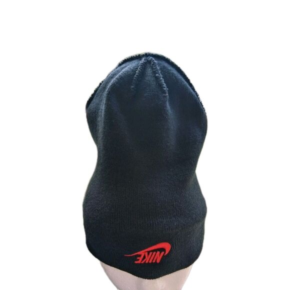 NIKE Beanie Youth Black White Red Knite Fold Over Swoosh Logo Ski Hat Cap - Picture 5 of 10